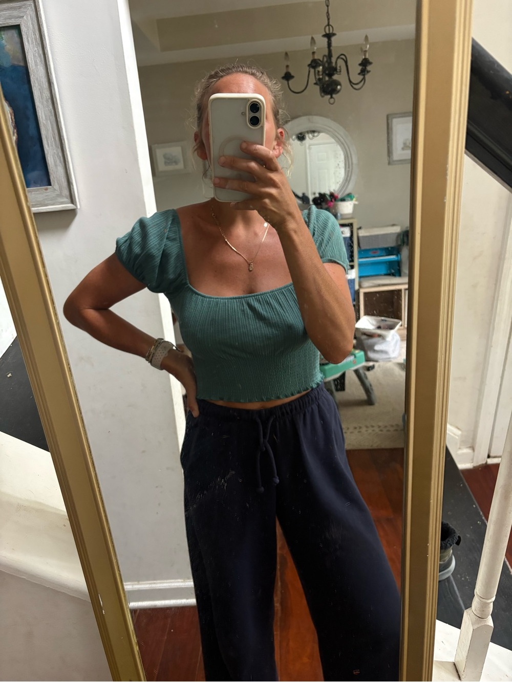 Cropped Square-Neck Knit Top in Green
